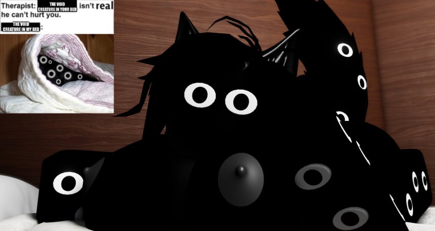 3d animal_ears animal_tail anthro bed bedroom big_ass big_breasts big_butt big_eyes big_nipples cute female female_only furry gray_nipples grey_nipples laying_on_stomach long_hair looking_at_viewer messy_hair multi_eye nonalterna paranormal roblox robloxian self_upload shadow_creature solo solo_female stare supernatural void void_creature