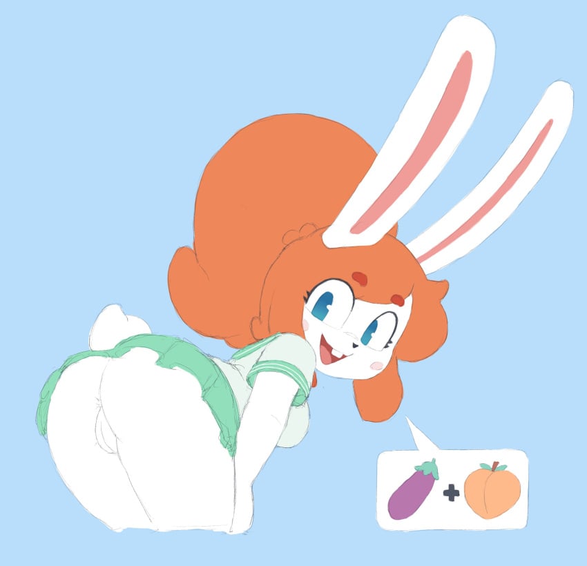 2022 absurd_res anthro ass bent_over bottomwear buckteeth clothed clothing clover_(r0cketjumper) ears_up female genitals hair hi_res lagomorph leporid long_ears looking_at_viewer looking_back looking_back_at_viewer mammal open_mouth open_smile orange_hair pictographics presenting presenting_hindquarters presenting_pussy pussy r0cketjumper rabbit skirt smile solo teeth upskirt white_body