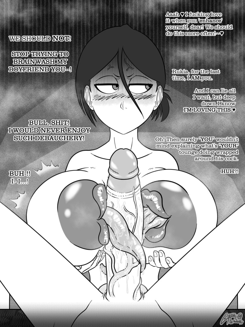 1boy 1girls areola balls big_breasts big_nipples big_penis big_tongue black_and_white black_hair bleach blush blush_lines boyfriend-girlfriend brown_hair coffeetheseeker collarbone couple dickgirl/male elotch_brown_(coffeetheseeker) english english_commentary english_text fellatio female kuchiki_rukia large_ass large_penis large_toes licking licking_penis lipples long_penis looking_away male mouth_nipples nipple_bulge nipple_mouth nipples nude_male oppai original original_character paizuri penis penis_between_breasts saliva short_hair shy steam straight testicles tits toned tongue veiny_penis very_high_resolution