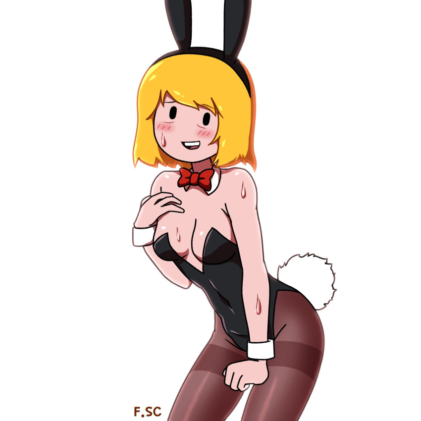 2022 adventure_time black_eyes blonde_hair blush breasts bunny_ears bunnysuit cartoon_network cleavage female female_only fizzyspidercider milf minerva_campbell mob_face sweat