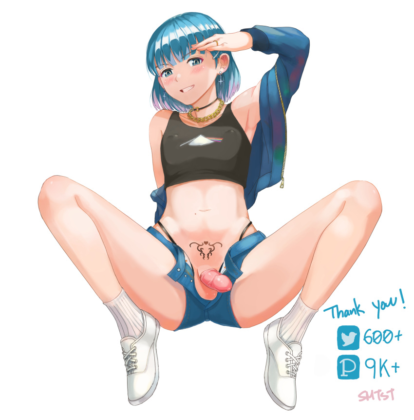 1boy 2018 belly black_top black_topwear blue_eyes blue_hair blue_shorts blush blush_lines condom condom_on_penis crossdressing earrings eyebrows eyebrows_visible_through_hair eyelashes femboy girly highleg jacket jean_shorts male male_only midriff navel nipple_bulge nipples nipples_visible_through_clothing open_jacket open_shorts original original_character penis pubic_tattoo semi-erect shoes short_hair short_shorts shorts simple_background sleeveless sleeveless_shirt smile smiling smiling_at_viewer smtst sock solo solo_male spread_legs tank_top tattoo thong top topwear trap v_legs v_spread_legs white_background white_socks