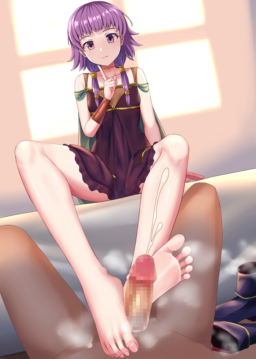 1boy 1girls bangs bare_legs barefoot censored expressionless feet female female_focus finger_to_face fire_emblem fire_emblem:_the_sacred_stones foot_fetish footjob legs lute_(fire_emblem) male nintendo nuppunuppu purple_eyes purple_hair short_hair smell smelly_feet smelly_shoes solo_focus steaming_body