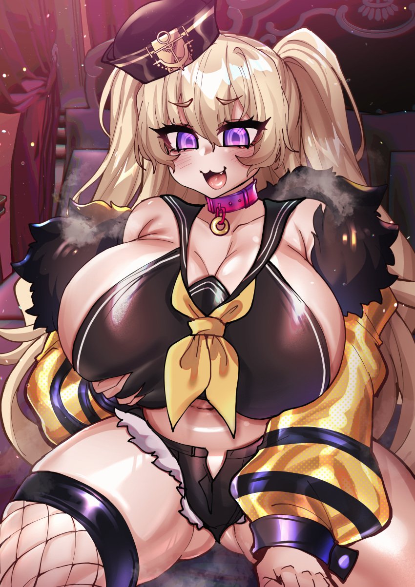 1girls azur_lane bache_(azur_lane) big_breasts big_thighs breasts busty collar female female_only fishnet_stockings fishnets gigantic_breasts huge_breasts huge_thighs large_breasts large_thighs massive_breasts osiimi purple_eyes thick_thighs thighs twintails voluptuous