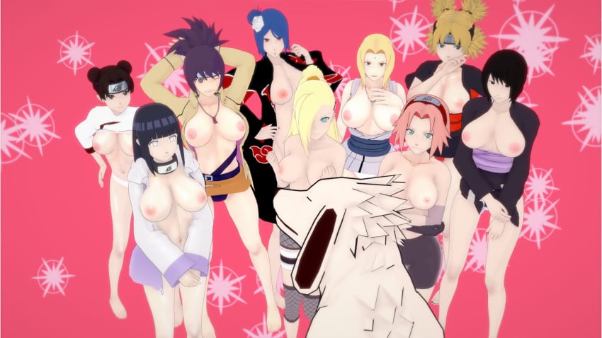 9girls akamaru_(naruto) breasts_out female female_only harem hyuuga_hinata ino_yamanaka koikatsu konan mitarashi_anko multiple_girls naruto sakura_haruno shizune temari tenten tsunade undressing zoonaru zoophilia