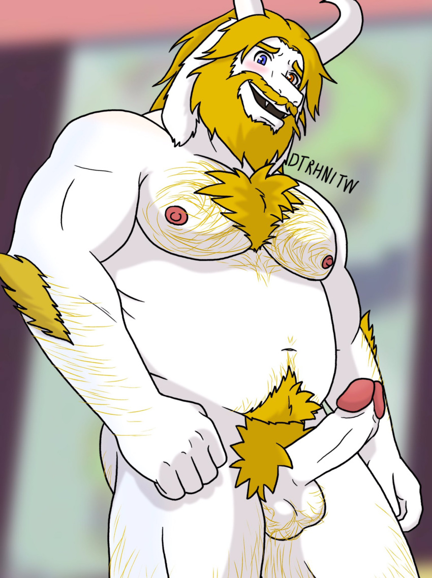 1boy 2d anthro asgore_dreemurr balls bara blonde_hair body_hair boner chest_hair dad_bod deltarune dtrhnitw erection facial_hair furry gay goat goat_horns hairy heterochromia horns male male_only muscles musk overweight overweight_male penis pubes pubic_hair solo solo_male undertale undertale_(series) white_fur