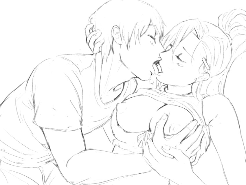 1boy 1girls absurdres boruto:_naruto_next_generations bra breast_grab breast_hold breasts breasts_out canon_couple closed_eyes couple female french_kiss grabbing highres holding_hands husband_and_wife ino_yamanaka kissing large_breasts male monday_mint monochrome naruto naruto_(series) nipples ponytail sai tongue tongue_kissing tongue_out touching underwear