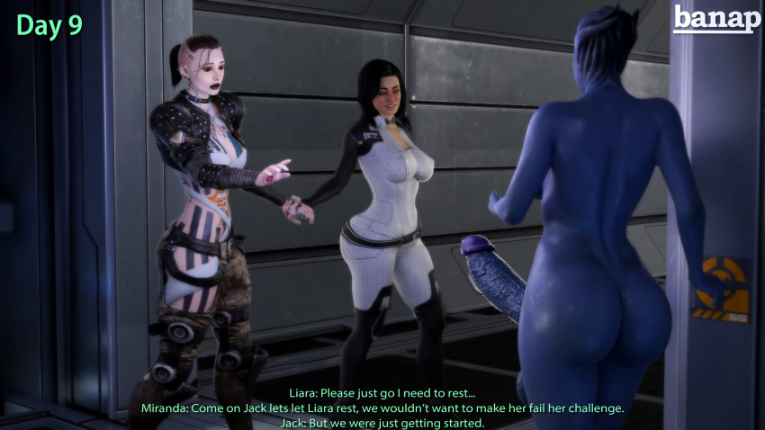 3d 3d_(artwork) alien alien_girl alien_humanoid asari asari_futanari ass banap big_penis black_hair blender blender_(software) blue_eyes blue_skin brown_eyes brown_hair comic dialogue english english_dialogue english_text erection faceless faceless_character faceless_futanari futanari holding_hands huge_cock jack_(mass_effect) liara_t'soni mass_effect miranda_lawson no_nut_november nude nude_futanari ponytail self_upload subject_zero tagme tattoo tattoos text