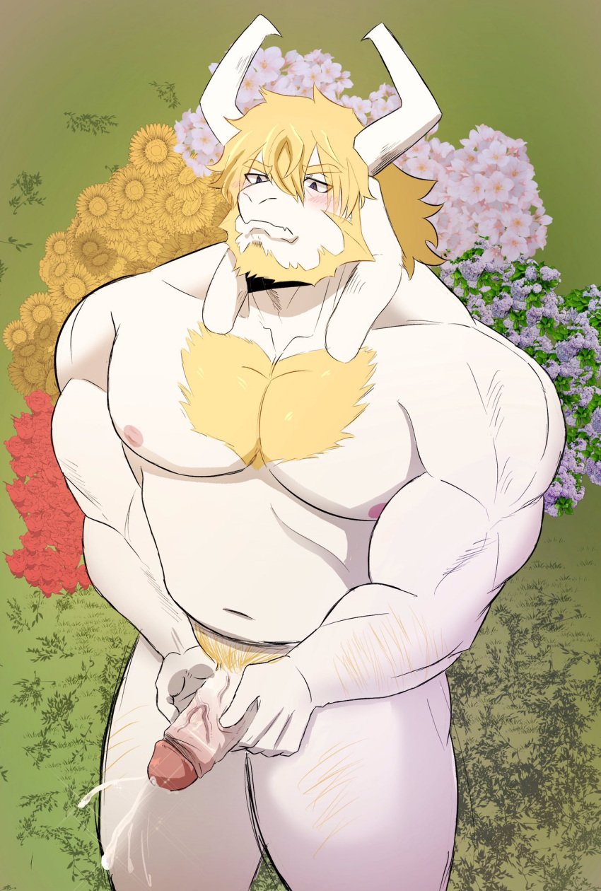 1boy 2d anthro asgore_dreemurr balls bara blonde_hair blush body_hair boner chest_hair dad_bod deltarune erection facial_hair furry gay goat goat_horns hairy horns male male_only muscles overweight overweight_male penis pkylblu pubes pubic_hair solo solo_male undertale undertale_(series) white_fur