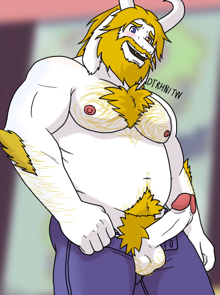 1boy 2d anthro asgore_dreemurr balls bara blonde_hair body_hair boner chest_hair dad_bod deltarune dtrhnitw erection facial_hair furry gay goat goat_horns hairy heterochromia horns male male_only muscles musk overweight overweight_male penis penis_out penis_through_fly pubes pubic_hair shirtless solo solo_male undertale undertale_(series) white_fur