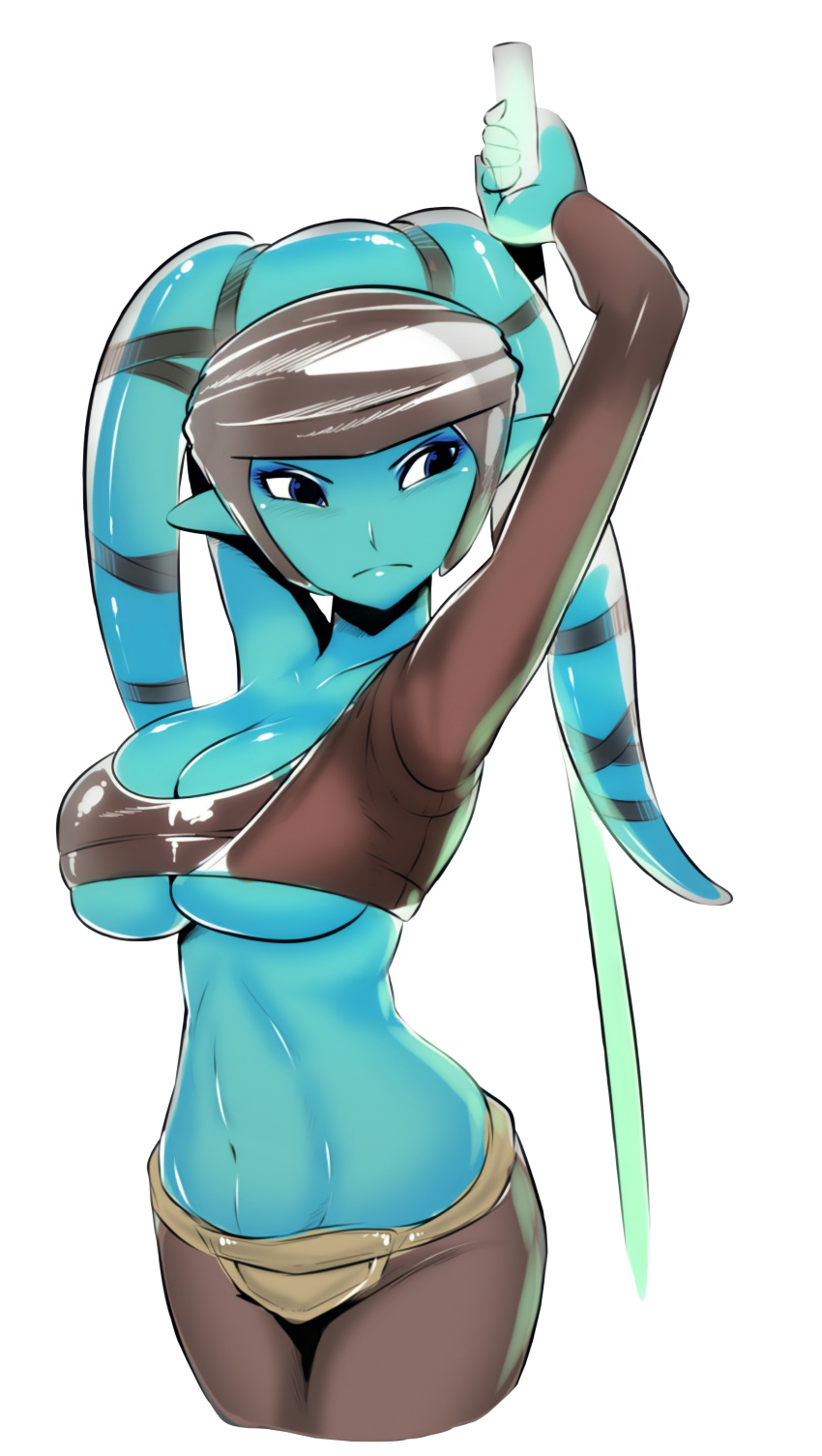 1girls :( aayla_secura alien alien_girl alien_humanoid arms_behind_head arms_up big_breasts blue_body blue_eyes blue_skin breasts brown_clothing busty cleavage clothed clothed_female clothing crop_top disembodied_limb eyebrows eyelashes eyes female female_only front_view fully_clothed green_lightsaber headgear holding_object holding_sword holding_weapon humanoid large_breasts laser lightsaber looking_away melee_weapon midriff navel oil open_eyes pants partial_female pose posing sad science_fiction shiny_clothes shiny_skin simple_background single_sleeve slim solo standing star_wars sword tentacle tentacle_hair thin_waist toned twi'lek underboob underwear upper_body voluptuous weapon white_background wraps