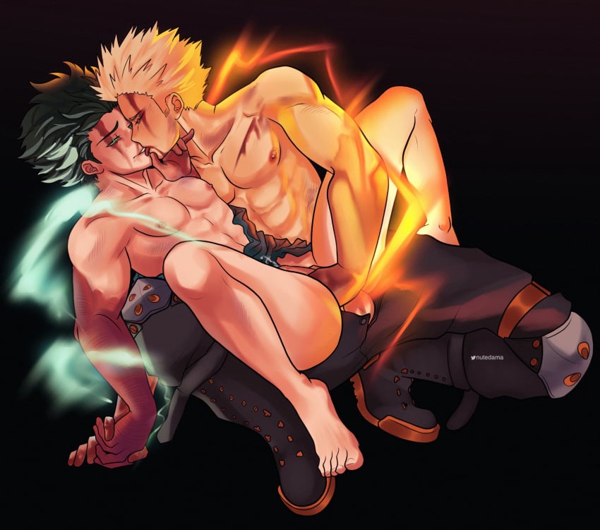 2boys abs anal blonde_hair green_hair handjob hero_outfit_(mha) izuku_midoriya katsuki_bakugou legs_apart male male_only muscular muscular_male my_hero_academia nutedama on_lap scars superpowers tongue_out yaoi