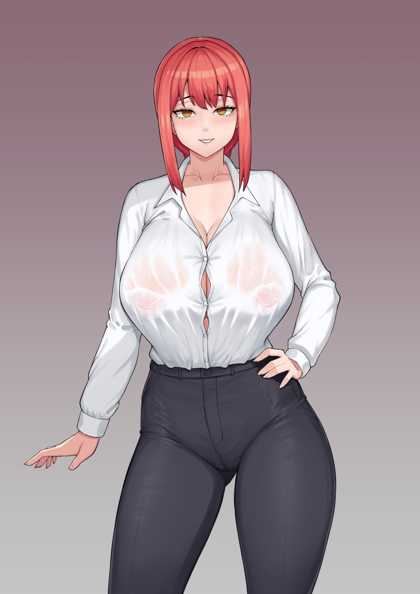 1girls alternate_version_available big_breasts black_pants blush bottomwear breasts button_gap chainsaw_man clothing female female_only hair hand_on_hip hips huge_breasts imminent_hypnosis makima_(chainsaw_man) nipples nipples_visible_through_clothing pants red_hair shirt solo solo_female topwear wet_shirt yellow_eyes zb_(xucz8527)