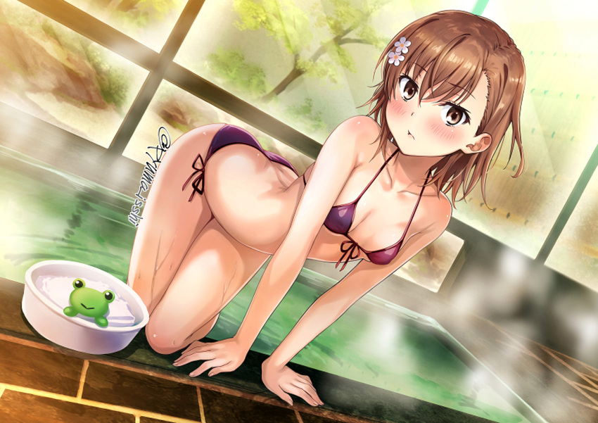 1girls 2020s 2022 aged_up all_fours alternate_costume ass_cleavage bare_thighs bikini breasts brown_eyes brown_hair brunette butt_crack female flower front-tie_bikini_top front-tie_top gekota hair_flower hair_ornament hot_spring indoors isshi_pyuma looking_at_viewer matching_hair/eyes misaka_mikoto onsen partially_submerged purple_bikini short_hair side-tie_bikini_bottom small_breasts solo steam swimsuit teenage_girl teenager thighs to_aru_kagaku_no_railgun to_aru_majutsu_no_index towel twitter_username water wet young