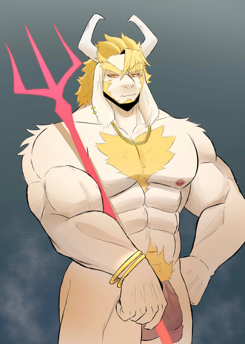 1boy 2d anthro asgore_dreemurr balls bara blonde_hair body_hair chest_hair dad_bod deltarune ear_piercing facial_hair furry gay goat goat_horns hairy horns male male_only muscles necklace overweight overweight_male penis pkylblu pubes pubic_hair solo solo_male trident undertale undertale_(series) white_fur