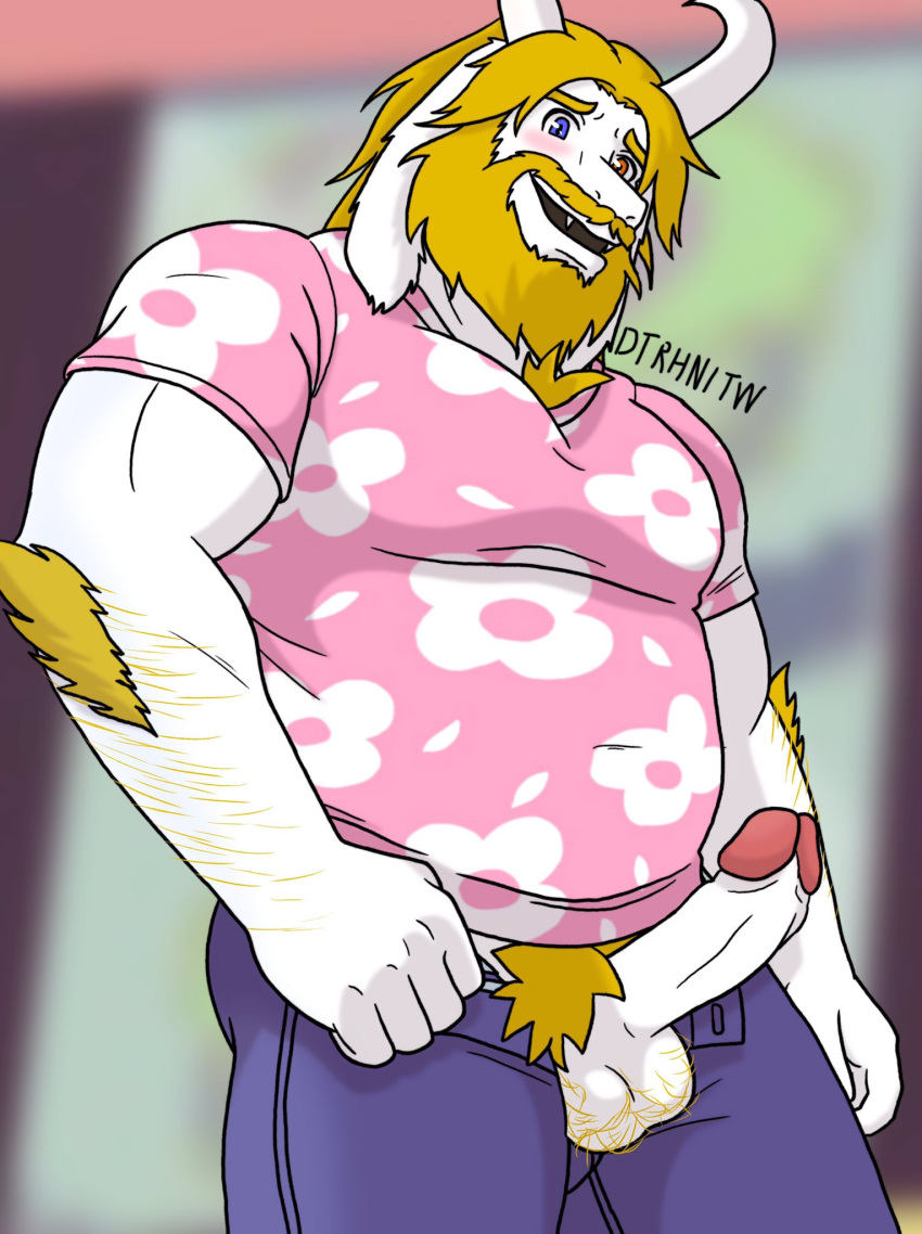 1boy 2d anthro asgore_dreemurr balls bara blonde_hair body_hair boner dad_bod deltarune dtrhnitw erection facial_hair fully_clothed furry gay goat goat_horns hairy heterochromia horns male male_only muscles musk overweight overweight_male penis penis_out penis_through_fly pubes pubic_hair solo solo_male undertale undertale_(series) white_fur