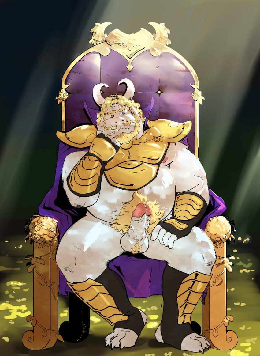 1boy 2d anthro asgore_dreemurr balls bara blonde_hair body_hair boner dad_bod deltarune erection facial_hair furry gay goat goat_horns hairy horns male male_only muscles musk overweight overweight_male penis pubes pubic_hair reindeercurt solo solo_male spread_legs undertale undertale_(series) white_fur