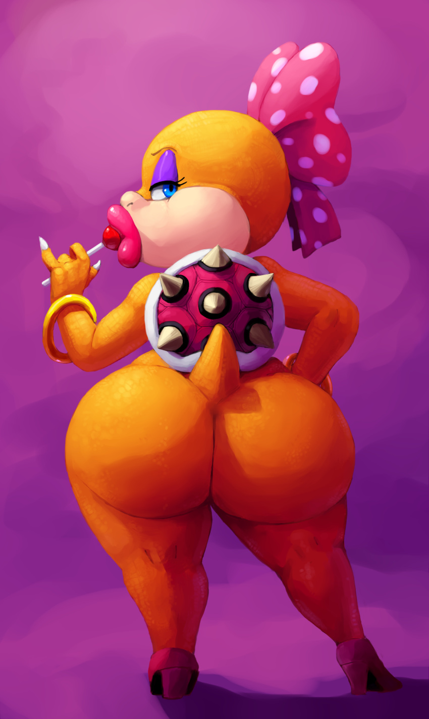 1girls ass ass_focus big_ass big_butt big_lips bimbo bimbo_lips blue_eyes bottomless bow bow_ribbon bracelet bubble_butt butt completely_nude female female_only full_body high_heels hyper_bimbo koopaling lips lipstick lollipop looking_at_viewer looking_back mario_(series) nintendo orange_scales orange_skin outta_sync pink_lips pink_lipstick puffy_lips purple_background rear_view scales scalie seductive shell shoes shortstack simple_background solo standing thick_lips thick_thighs wendy_o._koopa wide_hips