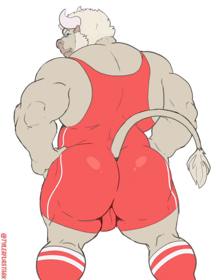 2022 animal_humanoid anthro ass back_muscles backsack balls bara bara_ass barazoku beard big_ass big_ass_(male) big_bulge big_butt big_muscles bovid bovine bubble_ass bubble_butt bulge cattle clothed clothing dat_ass dat_butt dumptruck_ass dumptruck_butt eyebrows facial_hair fat_ass fat_butt genitals hair hands_on_hips hi_res horn huge_ass huge_butt huge_muscles huge_thighs humanoid knee_highs large_ass large_butt legwear looking_back male male_only mammal massive_ass massive_butt muscle_ass muscle_butt muscular muscular_anthro muscular_ass muscular_butt muscular_male narrowed_eyes plump_ass plump_butt rear_view round_ass round_butt simple_background smile solo sportwear standing thick_thighs tight_clothing triceps tylerstark white_background wrestling_singlet