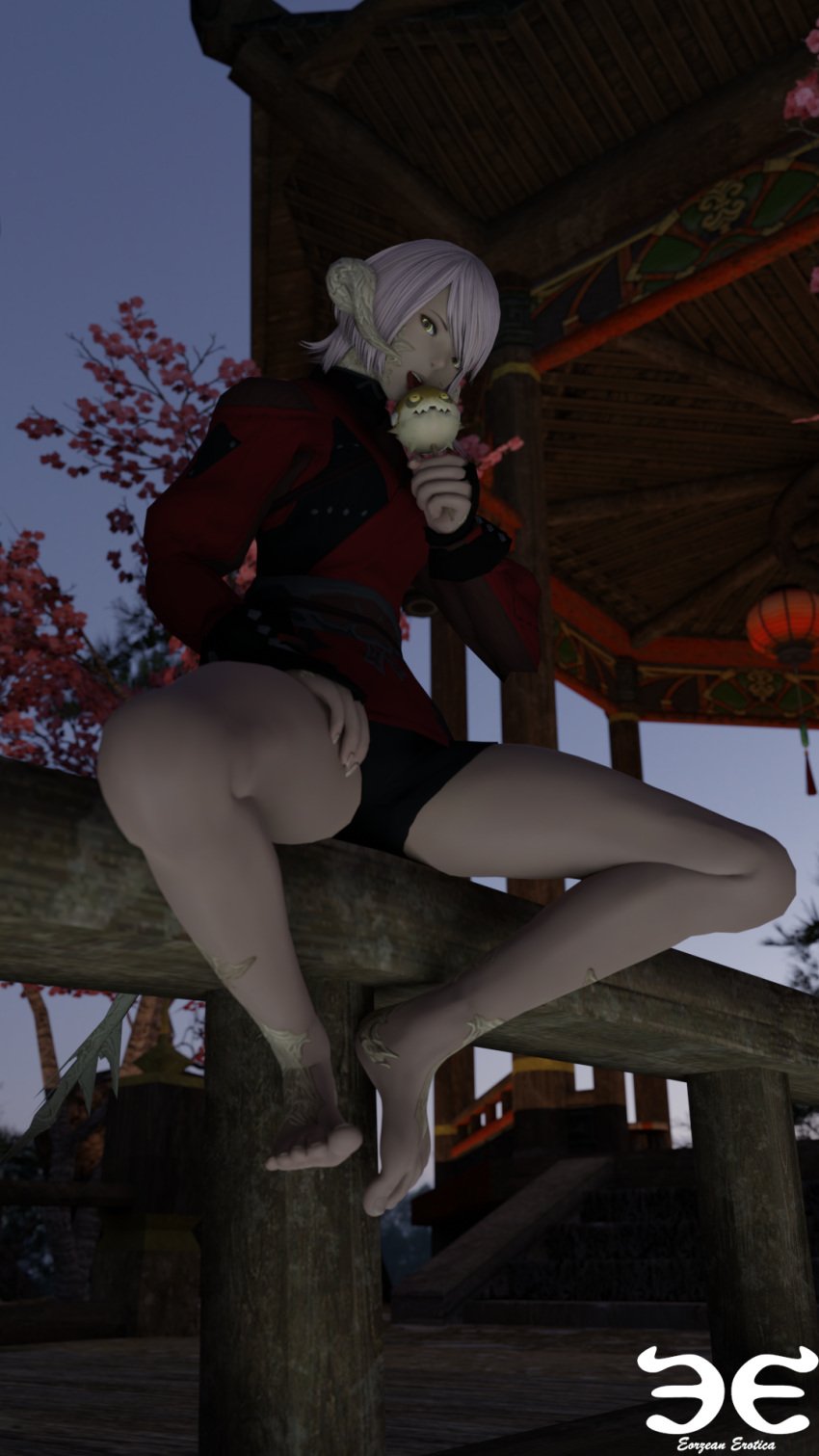 1girls au_ra barefoot bomb_(final_fantasy) candy chinese_architecture dragon_girl dragon_horns dragon_tail eorzean_erotica feet final_fantasy final_fantasy_xiv glowing_eyes horns japanese licking light-skinned_female light_skin limbal_ring lizard_girl lizard_tail pink_hair scales shorts spats tagme toes tongue tongue_out yellow_eyes yuki_yatsurugi