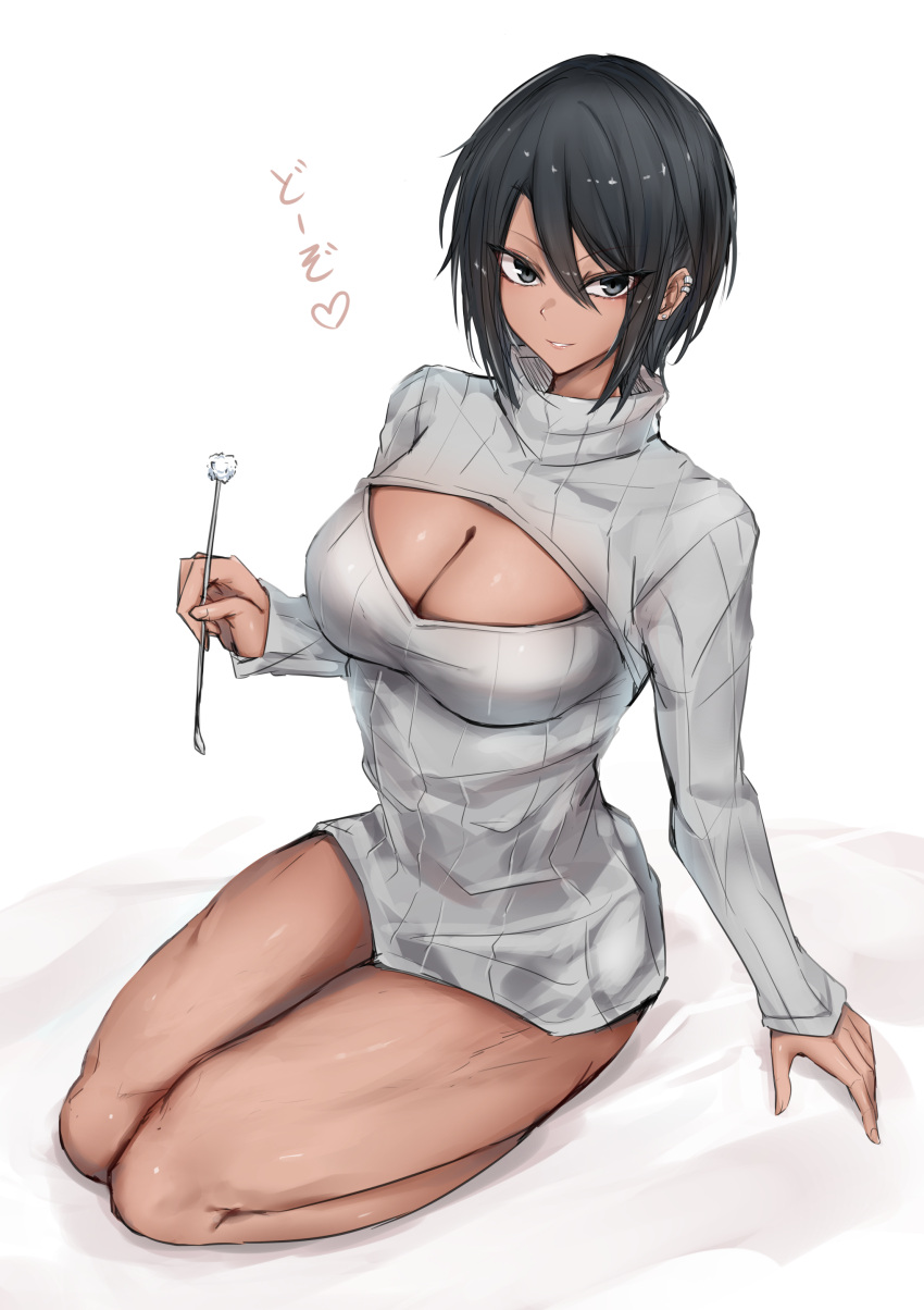 barefoot big_breasts black_eyes black_hair breasts cleavage cleavage_cutout clothing_cutout dark-skinned_female dark_skin dress earclip female female_focus female_only fingernails full_body grey_sweater hair_between_eyes keyhole_turtleneck lap_pillow_invitation large_breasts light_smile looking_at_viewer meme_attire only_female open-chest_sweater open_mouth original q-tip ribbed_sweater shiny shiny_hair shiny_skin short_hair simple_background smile smiling smiling_at_viewer solo solo_female solo_focus sweater sweater_dress thick_thighs thighs tomboy toned turtleneck turtleneck_sweater white_background yakan_(mihag3000)