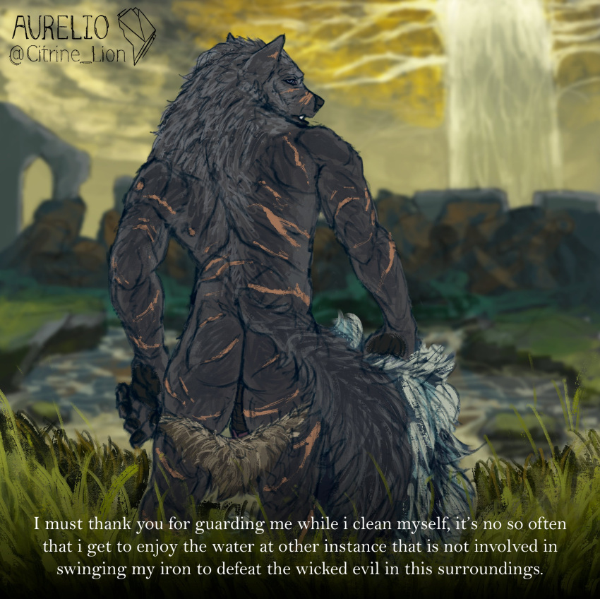 2022 absurd_res anthro ass barely_visible_genitalia barely_visible_penis biped blaidd_(elden_ring) canid canine canis citrine_lion clothing detailed_background dialogue digital_media_(artwork) elden_ring english_text facial_scar fromsoftware fur furry genitals grey_body grey_fur grey_hair hair hi_res humanoid_genitalia humanoid_penis male male_only mammal muscular muscular_anthro muscular_male penis purple_eyes scar scars_all_over solo talking_to_viewer text undressing video_games wolf