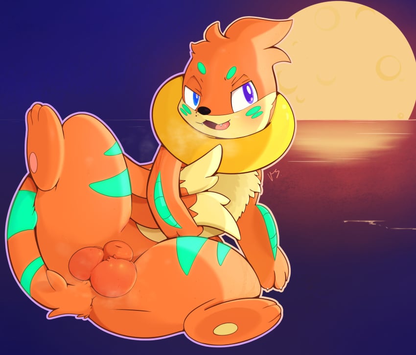 animal_genitalia anthro balls blush buizel full_moon fur furry furry_only generation_4_pokemon genitals hi_res looking_at_viewer male male_only moon nintendo one_leg_up orange_body pokemon pokemon_(species) raised_leg sheath solo tail thewizardstick video_games