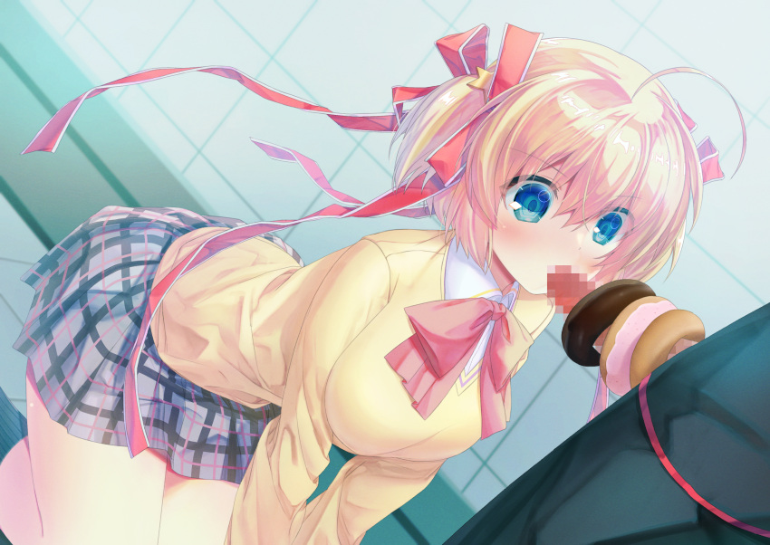 1boy absurdres ahoge black_socks blonde_hair blue_eyes blush bow cardigan censored commission doughnut fellatio female food food_on_body food_on_penis hair_ornament hair_ribbon highres kamikita_komari kneeling little_busters! mosaic_censoring natsuoto_rito oral penis plaid plaid_skirt red_bow ribbon school_uniform short_hair short_twintails skeb_commission skirt socks star_(symbol) star_hair_ornament twintails