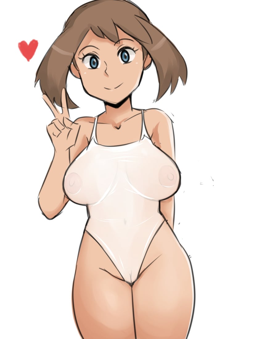 breasts exhibitionism may_(pokemon) nintendo nipples one-piece_swimsuit peace_sign pokemon pussy reach025 smiling swimsuit tan_skin thick_thighs transparent_clothing wide_hips