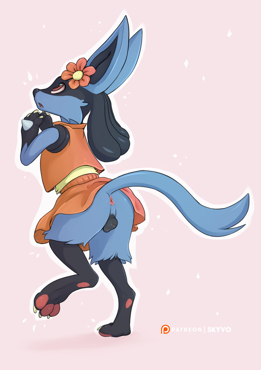 absurd_res animal_genitalia animal_pussy anthro anus ass blue_body canine_pussy clothed clothing female generation_4_pokemon genitals hi_res lucario nintendo pokemon pokemon_(species) pussy raised_tail red_eyes skyvo solo video_games
