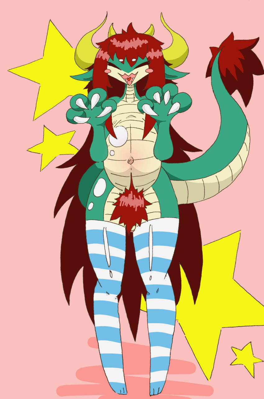 4_horns anthro belly big_belly blue_clothing blush claws closed_eyes clothing dragon eyelashes fangs genitals green_body green_scales green_tail hage hair hi_res horn leggings legwear long_hair male markings multi_horn navel open_mouth open_smile outie_navel paws penis pubes red_hair red_tail scales scalie slightly_chubby smile solo stockings tail_markings tail_tuft tongue tuft white_tail yellow_horn