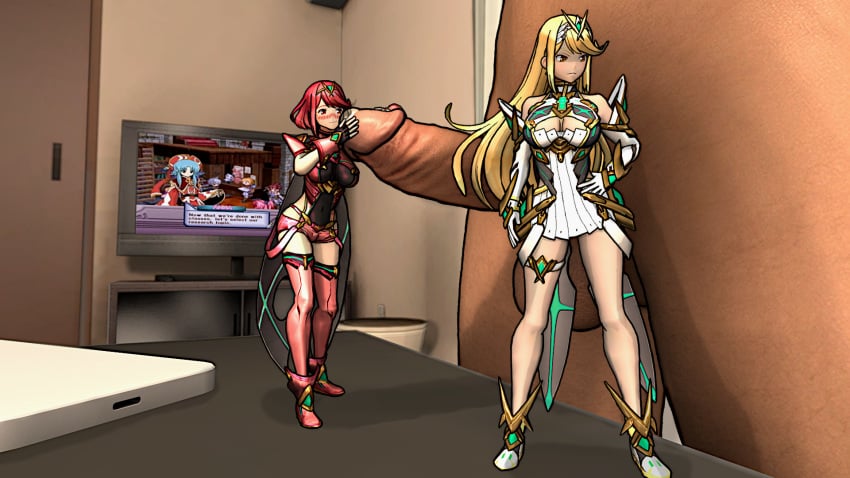 angry_face anna_lemouri blonde_hair blushing_profusely clothed_female_nude_male cock_hungry cock_worship erection giant giant_male giant_penis gold_eyes hand_on_penis infamousmask macro mana_khemia micro minigirl monolith_soft mythra nintendo precum pyra red_eyes red_hair shrunken_woman size_difference size_play skimpy_clothes xenoblade_(series) xenoblade_chronicles_2