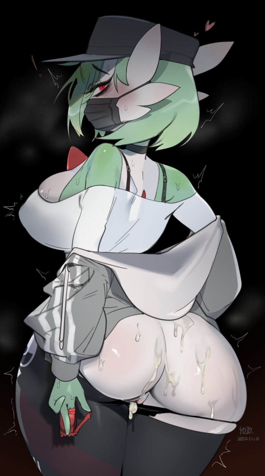 1girls absurdres after_sex after_vaginal ass back_view big_breasts black_background black_mask blush breasts cap clothes condom cosplay_gardevoir cum cum_in_pussy cum_on_ass cum_on_body female female_only from_behind gardevoir green_hair grey_jacket hi_res highres holding holding_condom hoodie jacket large_breasts leggings legs_together long_sleeves looking_at_viewer looking_back looking_back_at_viewer mask mouth_mask nintendo panties_down pants_down pokémon_(species) pokemon pokemon_(species) pussy red_eyes shirt short_hair simple_background solo steam steamy_breath sweat thick_thighs track_jacket trembling white_shirt yuio