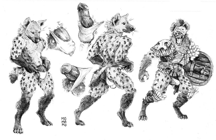 anthro armor ass balls bodily_fluids bone bone_armor bulge claws clothing erection fluffy genital_fluids genitals gnoll headgear helmet hi_res humanoid_genitalia humanoid_penis hyaenid looking_down male mammal momamo monochrome multiple_scenes open_mouth panties penis precum shaggy_fur shield small_clothing solo spotted_hyena tight_clothing tight_panties tight_underwear underwear whiskers worried