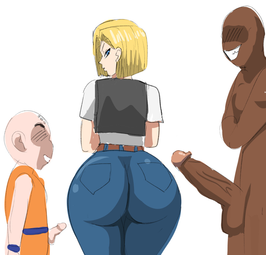 1girls 2boys android_18 ass bald bald_man big_ass big_penis blonde_hair blue_eyes clenched_teeth clothing dark-skinned_male dark_skin dragon_ball erect_penis female gtsn17 huge_ass interracial jeans krillin kuririn large_penis light-skinned_female light-skinned_male light_skin male ntr penis penis_size_difference small_penis small_penis_humiliation smaller_male taller_girl taller_male teasing veiny_penis white_background