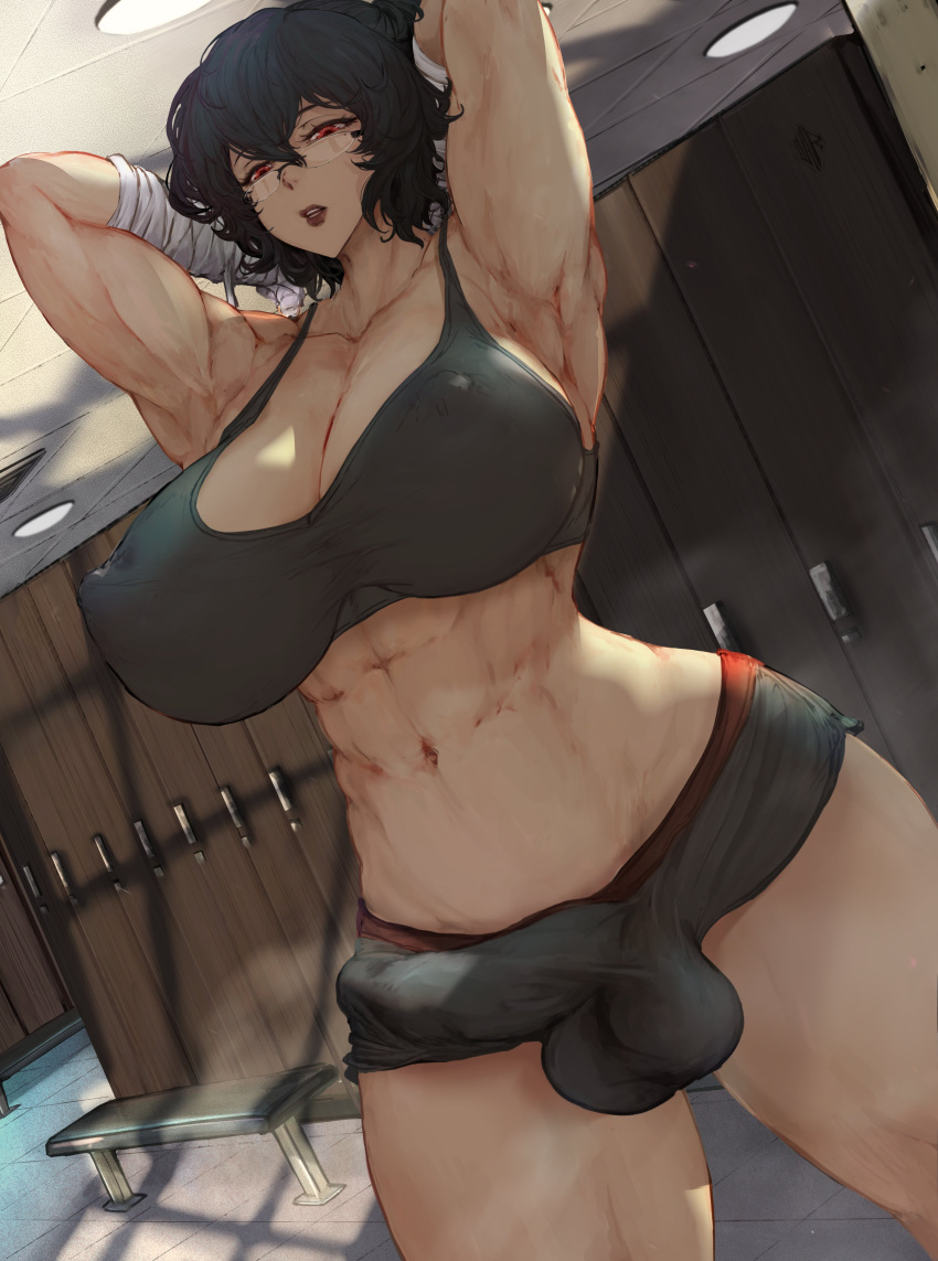 1futa abs armpits arms_behind_head arms_up balls big_balls big_breasts big_penis black_hair boyshorts breasts bulge bulge_through_clothing clothed clothing detailed_background erection erection_in_panties fully_clothed futa_only futanari human ikeartrellatab light-skinned_futanari light_skin locker_room muscular muscular_futanari original original_character panties penis short_hair solo standing underwear workout_clothes