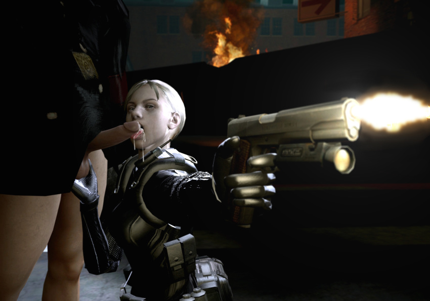 3d battlesuit blonde_hair bodysuit capcom cum cum_in_mouth fellatio female firearm firing firing_weapon garry's_mod gun handgun handjob human jill_valentine jill_valentine_(blonde) jill_valentine_(julia_voth) male multitasking naughty_face oral oral_sex pistol resident_evil resident_evil_5 satchel shooting straight testicles weapon