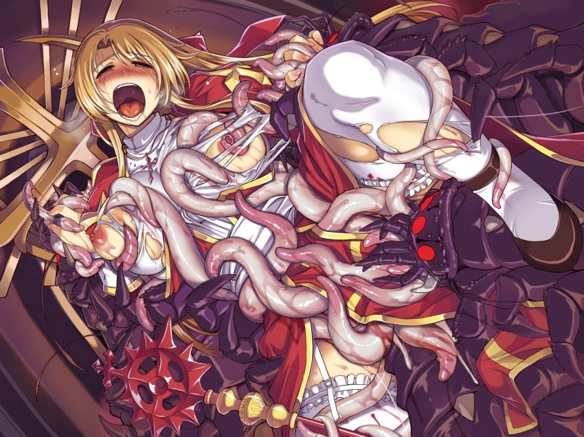 ambiguous_penetration blonde_hair blush breasts centipede closed_eyes covered_penetration cross dress high_priest highres implied_penetration implied_sex insects large_breasts long_hair monster open_mouth ragnarok_online rape saliva sex_under_clothes sex_under_dress tear tentacle tentacle_under_dress tentacles_under_clothes torn_clothes xration