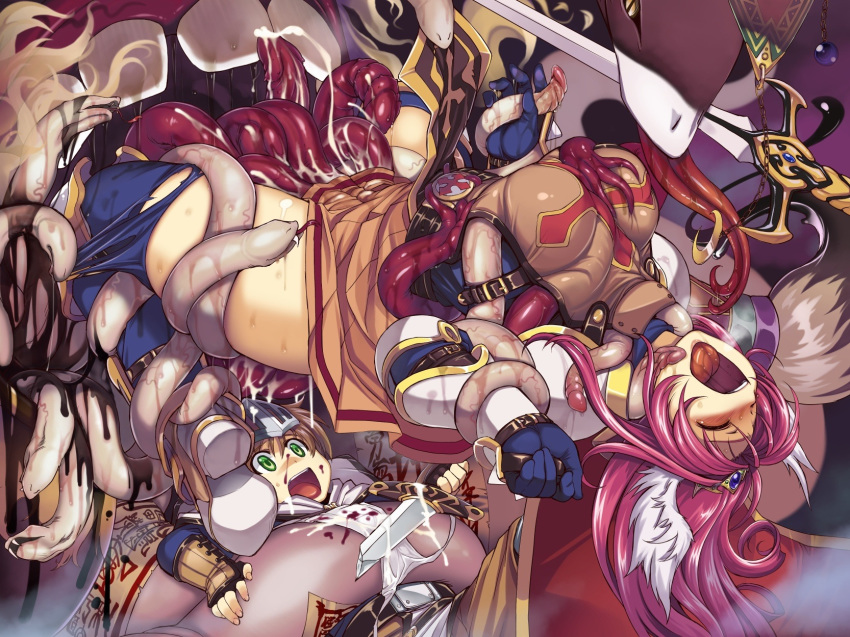 ambiguous_penetration blood blush character_request closed_eyes covered_penetration cum dress gloves highres implied_penetration implied_sex lord_knight monster open_mouth pink_hair ragnarok_online rape saliva sex_under_clothes sex_under_dress sword tear tentacle tentacle_under_dress tentacles_under_clothes weapon xration