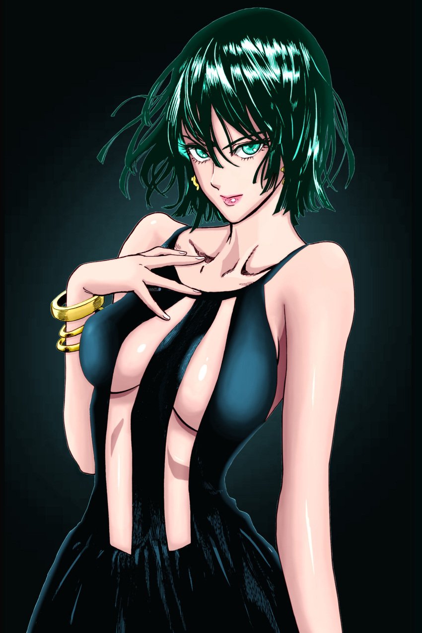 big_breasts cleavage fubuki_(one-punch_man) green_eyes green_hair light-skinned_female murata_yuusuke one-punch_man pale-skinned_female plump_lips solo solo_female