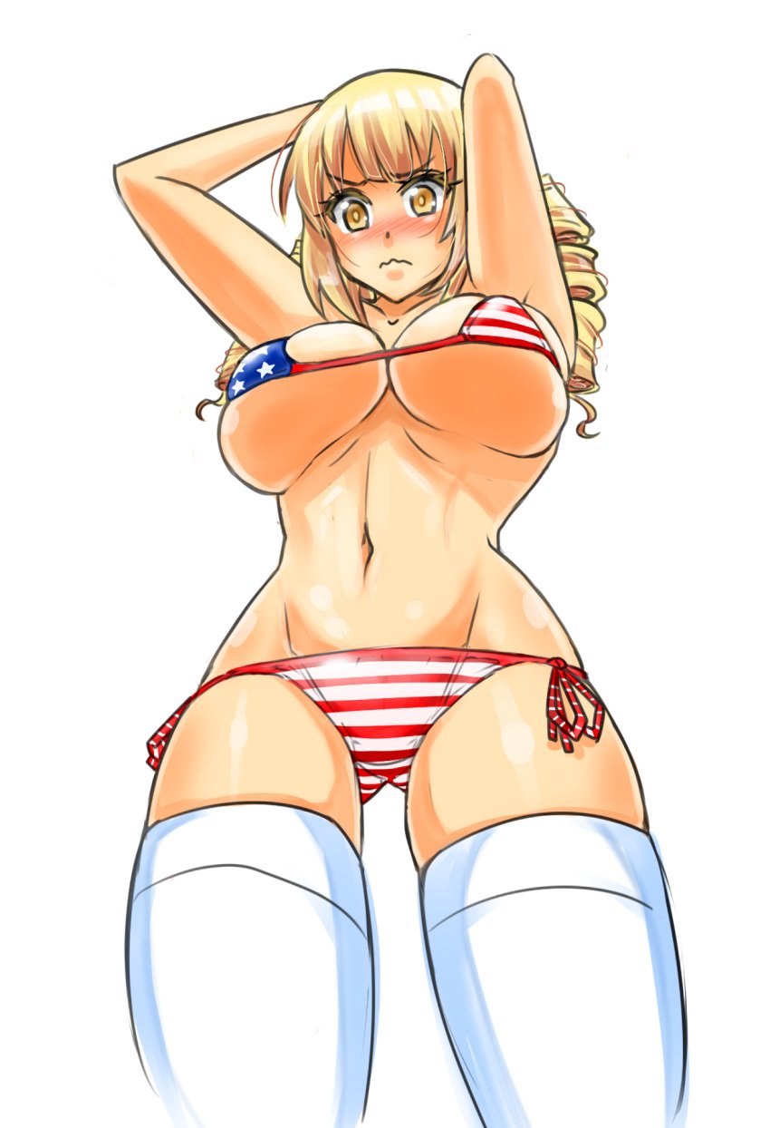 1girls american_flag_bikini armpits arms_behind_head big_breasts bikini blonde_hair blush breasts busty cleavage drill_hair embarrassed female female_only flag_print highres large_breasts legs looking_at_viewer navel ore_no_nounai_sentakushi_ga_gakuen_love-comedy_wo_senryoku_de_jama_shiteru pose posing reikadou_ayame solo swimsuit thighs underboob voluptuous