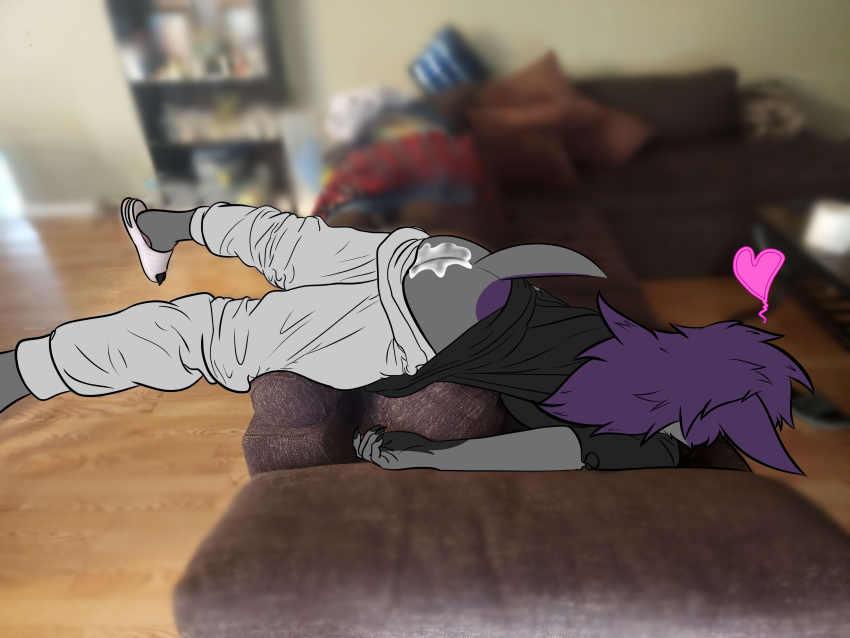 4:3 absurd_res ambiguous_gender anthro ass bodily_fluids bottomwear chimera claws clothing cum cum_on_butt genital_fluids grey_body hair heart hi_res hooves lying meme on_front pants purple_hair shirt slippers solo thorny_gremlin topwear vita_(thorny_gremlin)