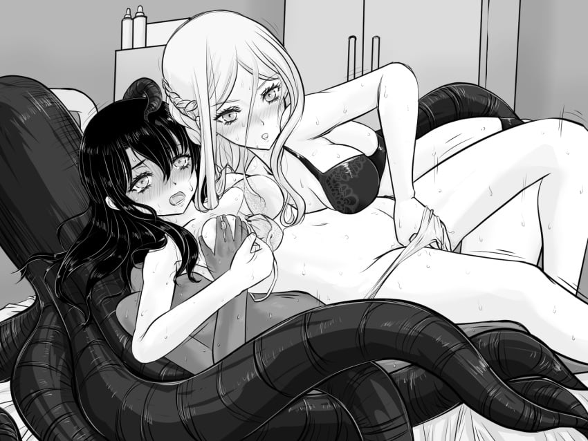 2girls black_bra black_hair blush bra breast_grab female fingering ghost hand_in_panties ichijou_michiru light-skinned_female long_hair mieruko-chan monochrome multiple_girls open_mouth panties sweat sweatdrop sweating tentacle tentacles touching_breast touching_pussy white_bra white_hair white_panties yotsuya_miko yuri