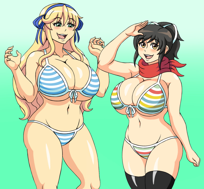 2girls alternate_breast_size asian asian_female asuka_(senran_kagura) big_breasts bikini blonde_hair blush breasts brian12 brown_hair busty cleavage female female_only female_pervert green_eyes highres huge_breasts katsuragi_(senran_kagura) large_breasts legs long_hair multiple_girls navel open_mouth pervert ponytail scarf senran_kagura smile striped striped_bikini swimsuit thick_thighs thighs voluptuous yellow_eyes