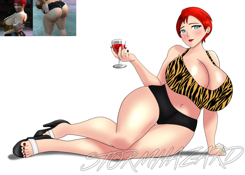 blue_eyes high_heels huge_breasts lipstick makeup nail_polish peggy_"big_ho"_(saints_row) plump prostitute prostitution red_hair saints_row short_shorts stormhazard tank_top thick_thighs tiger_print wine wine_glass