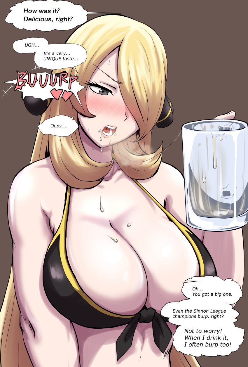 1girls bare_shoulders big_breasts blonde_hair blush breasts burping cum cum_in_container cum_in_jar cynthia_(pokemon) dialogue drinking_cum english_text female game_freak gokkun hair_ornament holding_object huge_breasts human jar long_hair nintendo pokemon pokemon_(game) pokemon_dppt protohotel_game semen semen_in_mouth solo speech_bubble standing text thick_cum upper_body