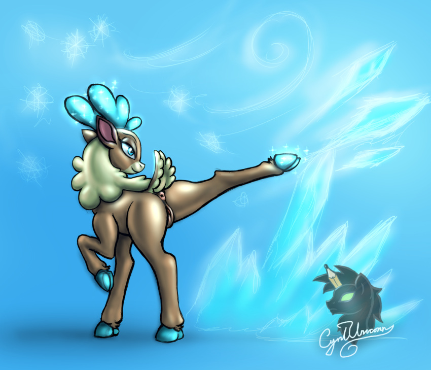 2018 action_pose antlers anus artist_logo ass blue_antlers blue_background blue_eyes blue_hooves brown_body brown_fur capreoline cervid cloven_hooves cyrilunicorn digital_drawing_(artwork) digital_media_(artwork) elemental_manipulation female feral fur genitals glowing_antlers hi_res hooves horn ice ice_manipulation logo mammal multicolored_body multicolored_fur neck_tuft pose pussy quadruped raised_hoof raised_leg reindeer signature simple_background smile solo tan_body tan_fur them's_fightin'_herds tuft two_tone_body two_tone_fur velvet_reindeer_(tfh)