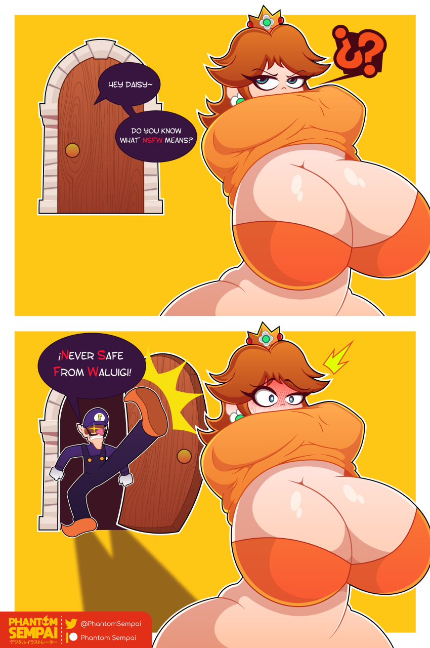 1boy 1girls 2022 2koma ? big_breasts big_thighs blue_eyes bottomless bra breasts brown_hair comic confused confusion crown door doorknob doorway earrings female female_focus huge_breasts huge_thighs humor large_breasts large_thighs male mario_(series) never_safe_from_waluigi nintendo orange_hair phantomsempai princess_daisy shaded_face shiny_breasts shiny_hair shiny_skin shocked shocked_expression short_hair solo_focus taking_clothes_off text text_box text_bubble thick_thighs thighs waluigi white_skin