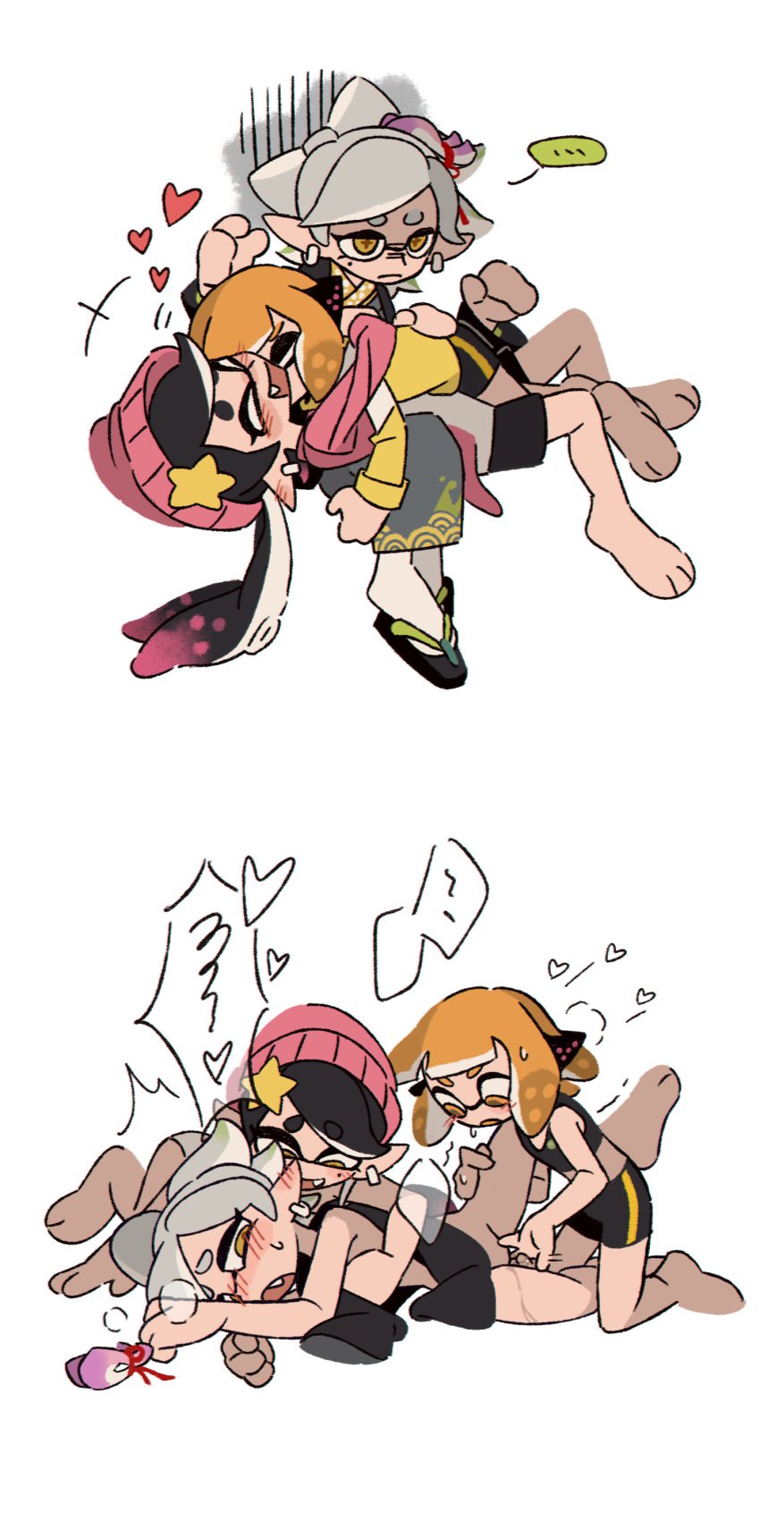 3girls agent_4_(splatoon) beanie black_hair blonde_hair blush callie_(splatoon) female female_only fingering htaokwii incest inkling inkling_girl kimono looking_pleasured marie_(octo_canyon) marie_(splatoon) multiple_girls nintendo pussy_juice splatoon splatoon_(series) splatoon_2 splatoon_2:_octo_canyon spoken_heart squid_sisters threesome white_background white_hair wholesome yuri