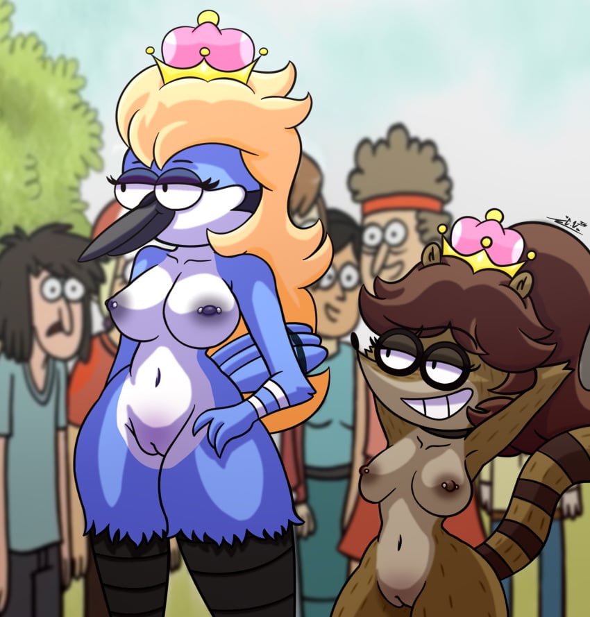 2023 2girls anthro arms_behind_head ass avian background big_breasts bird blonde_hair blue_body blue_jay breasts brown_body brown_fur brown_hair cartoon_network casual chaclaveloz corvid crossover crown duo exhibitionism eyebrows eyebrows_visible_through_hair eyelashes eyeshadow feathers female female/female first_porn_of_character fur furry gender_transformation genitals hair hand_on_hip hi_res human humanoid jay_(bird) long_hair looking looking_at_another makeup male mammal mario_(series) meme mordette mordette_(benson_dancing) multicolored_body multicolored_fur new_super_mario_bros._u_deluxe new_world_jay nintendo nipple_piercing nipples nude nude_female nudity oscine passerine piercing pose procyonid public public_nudity purple_nipples pussy raccoon regular_show rigbbette rigbette_(benson_dancing) rule_63 size_difference smile smiling smiling_at_each_other super_crown tail tail_feathers two_tone_body two_tone_fur video_games white_body wide_hips