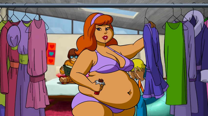 bbw belly big_belly bra breasts cleavage daphne_blake edit fat fred_jones obese orange_hair overweight panties pregnant scooby-doo screenshot_edit velma_dinkley woot